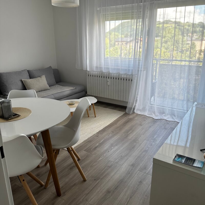 Bright living area with dining table & sofa – 2-room apartment, short-term rental, temporary housing 1–6 months, Salzburg