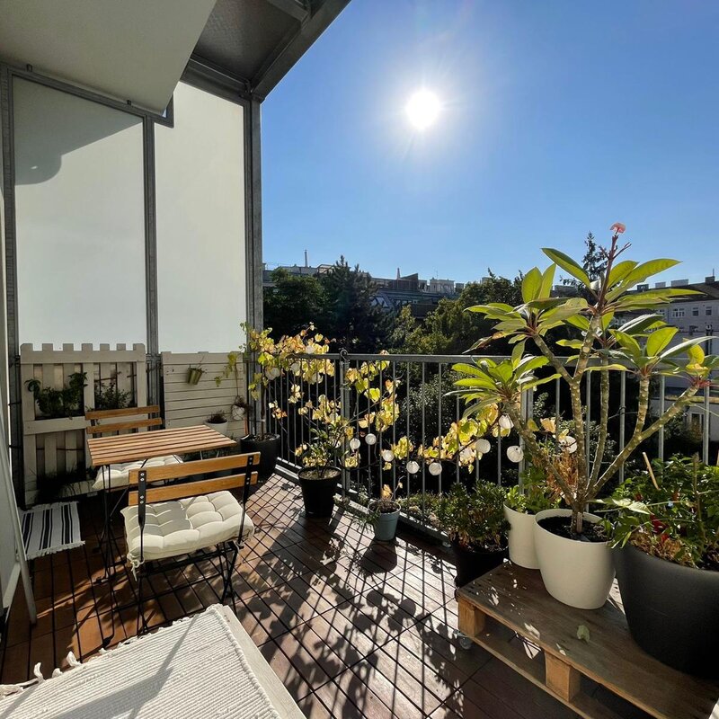 Wohnküche mit Blick auf den Balkon