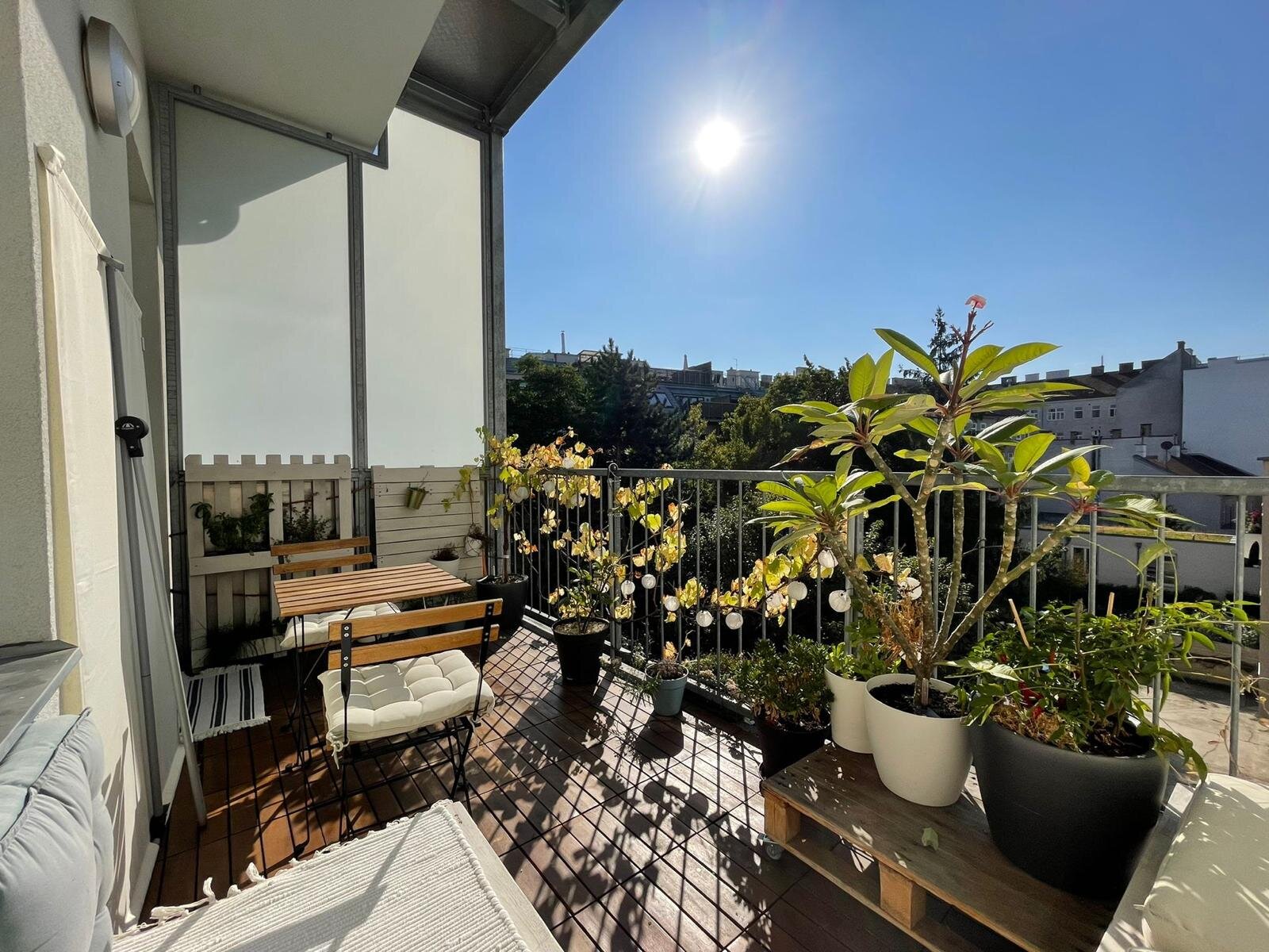 Wohnküche mit Blick auf den Balkon