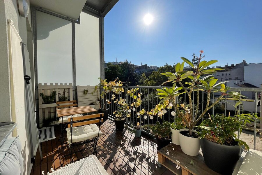 Wohnküche mit Blick auf den Balkon