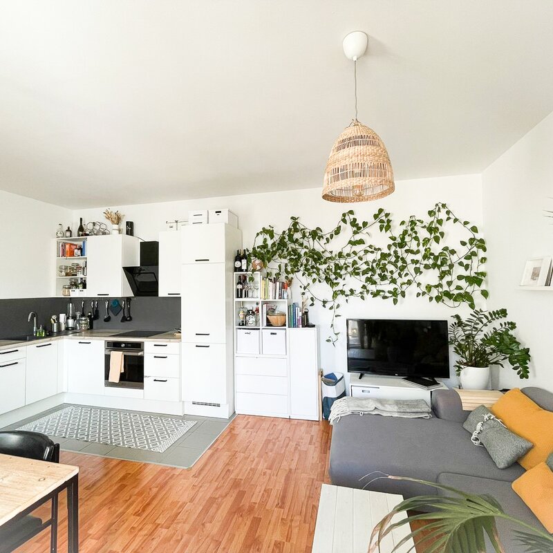 Wohnküche mit Blick auf Küchenzeile