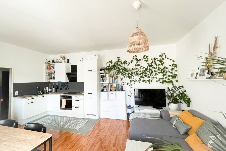 Wohnküche mit Blick auf Küchenzeile