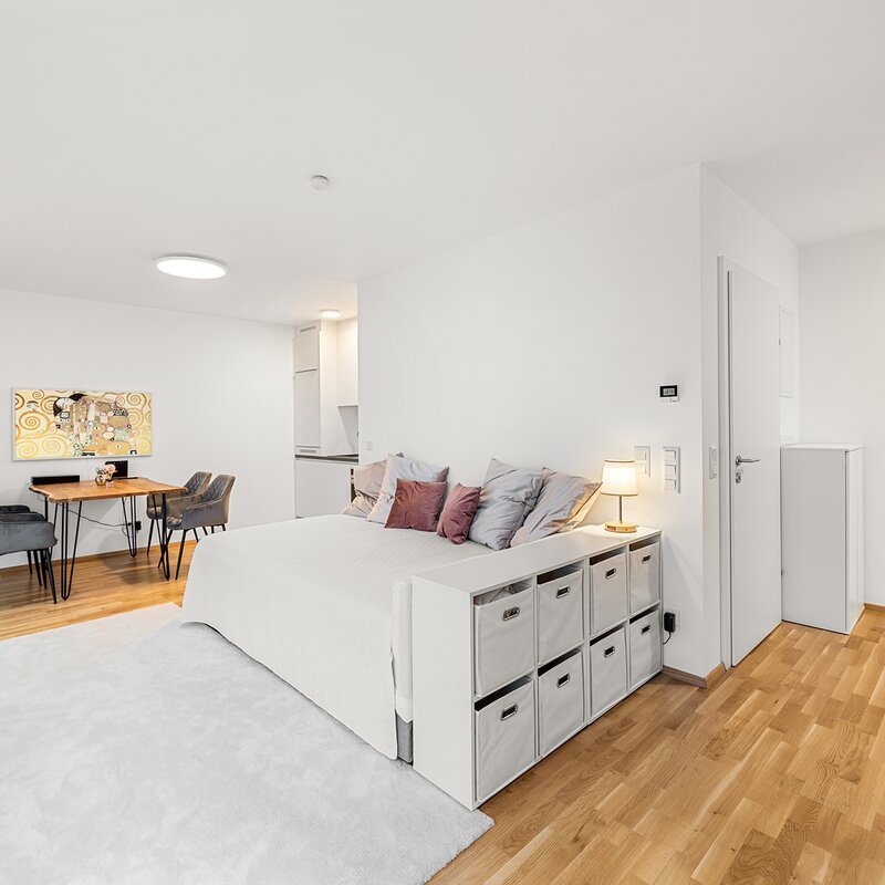 Helles 1-Zimmer Apartment mit Bett & Stauraum – Kurzzeitmiete Wien, Wohnen auf Zeit für 1 bis 6 Monate
