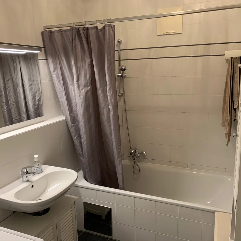 Badezimmer mit Waschbecken, Badewanne, Waschmaschine | © CH