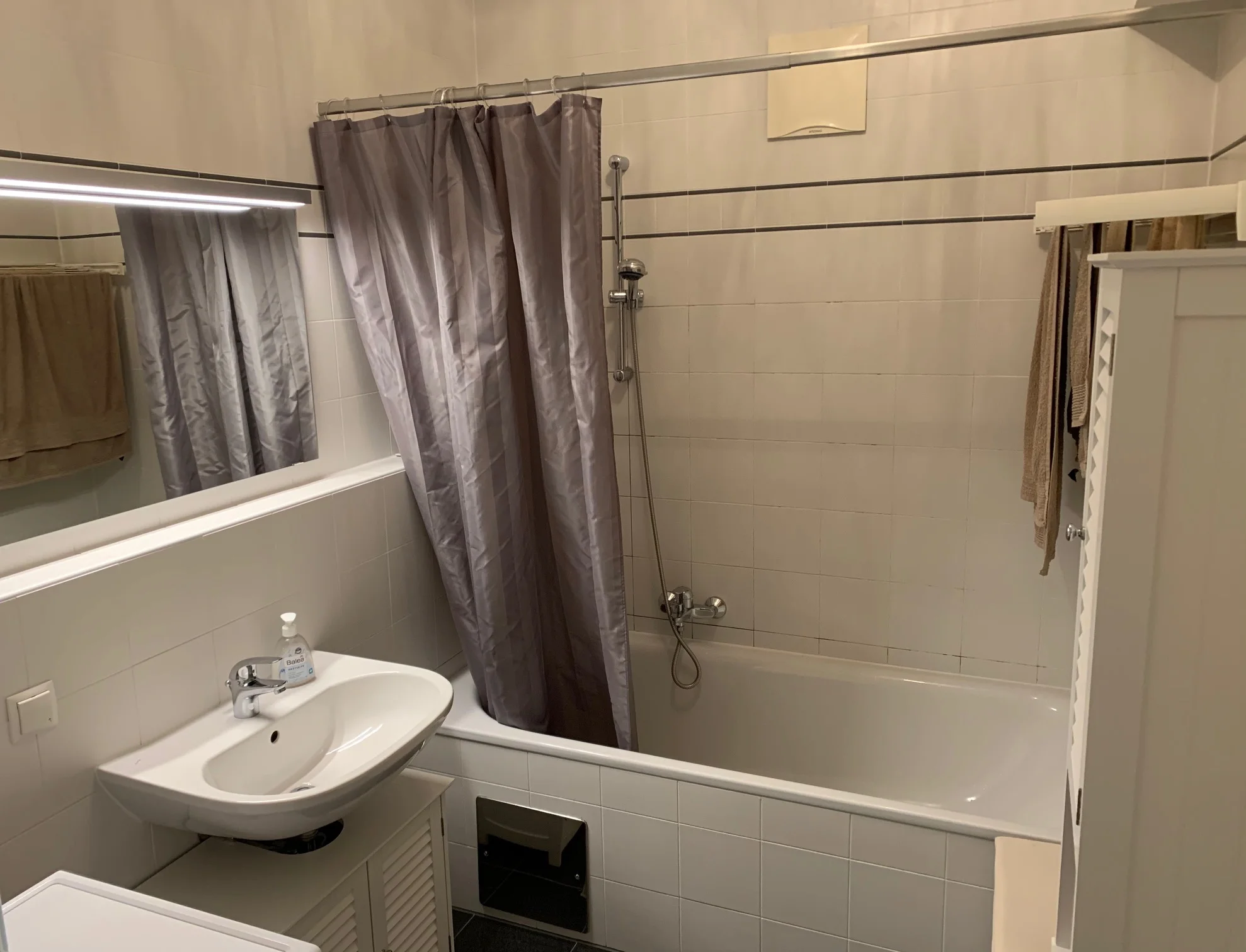 Badezimmer mit Waschbecken, Badewanne, Waschmaschine | © CH