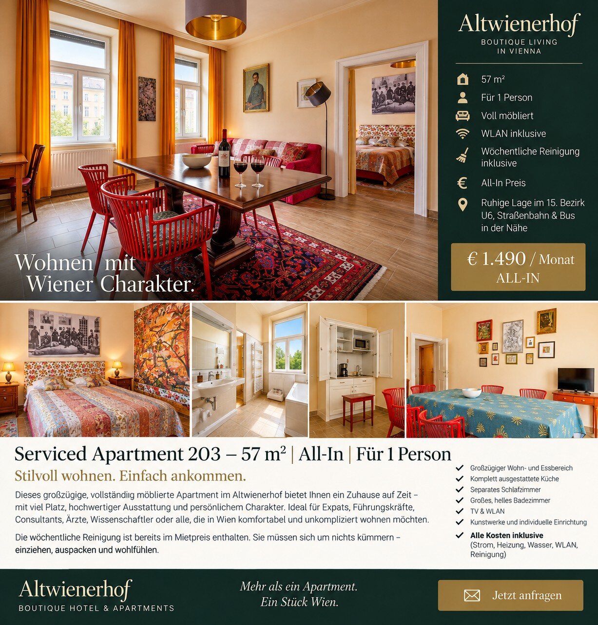 Stillvolles 57 m² Serviced Apartment – ALL-IN & Reinigung inklusive