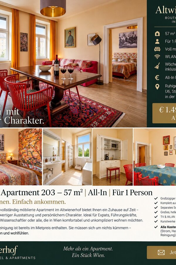 Stillvolles 57 m² Serviced Apartment – ALL-IN & Reinigung inklusive
