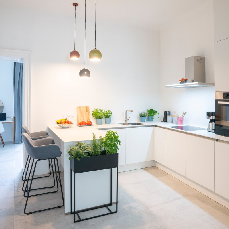 Bright open kitchen with island & herb garden – 3-room apartment, short-term rental & temporary housing for 1 to 6 months in Vienna