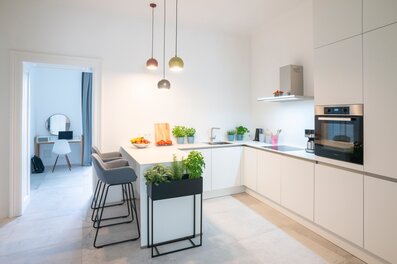 Helle Wohnküche mit Kochinsel & Kräutergarten – 3-Zimmer Wohnung, Kurzzeitmiete & Wohnen auf Zeit für 1 bis 6 Monate in Wien