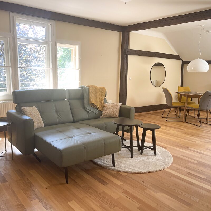 Bright living area with leather sofa & timber beams – 1-room apartment, short-term rental & temporary housing 1–6 months, Salzburg
