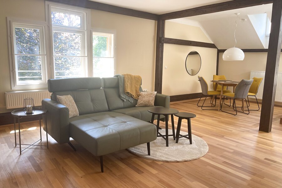 Bright living area with leather sofa & timber beams – 1-room apartment, short-term rental & temporary housing 1–6 months, Salzburg
