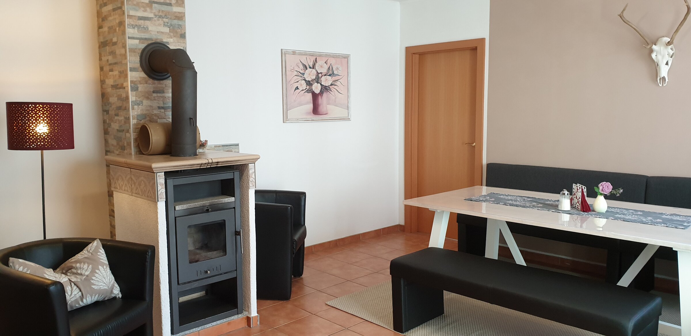 Dining, TV, fireplace, armchair