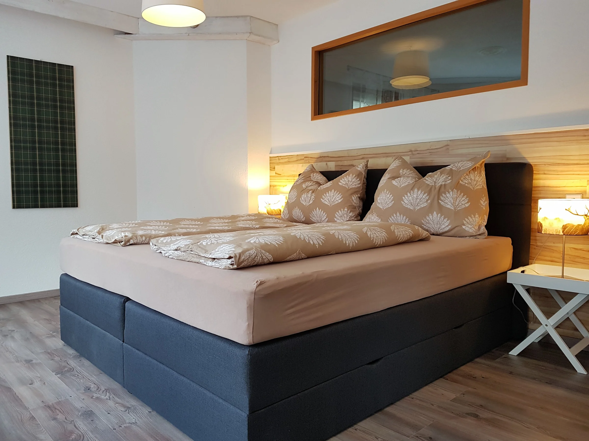 Box spring bed, wardrobe, TV