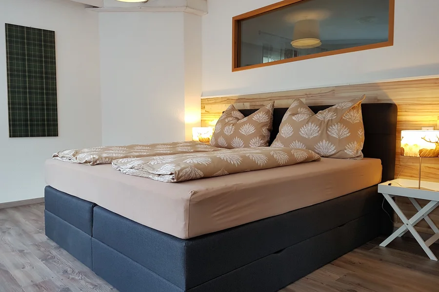 Box spring bed, wardrobe, TV