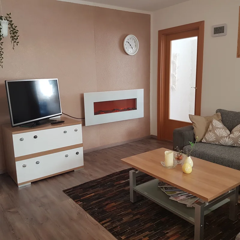 Couch, TV, fireplace, armchair