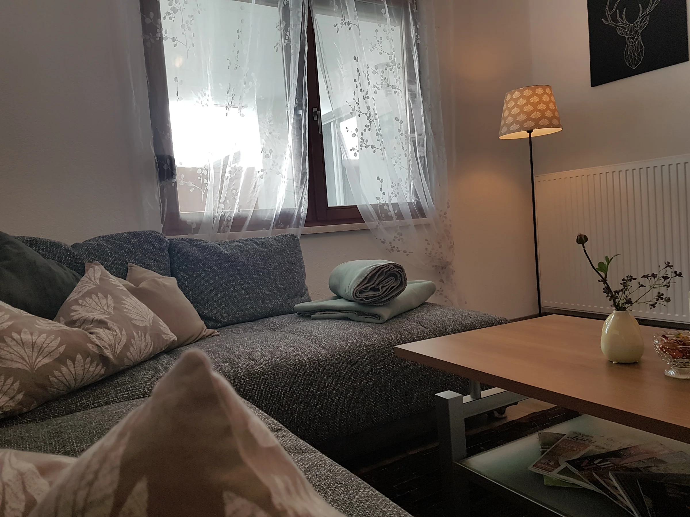 Couch, TV, fireplace, armchair