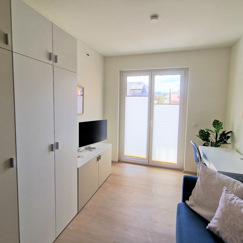 Gäste-/Arbeitszimmer mit Smartmonitor, Schreibtisch und Schlafsofa