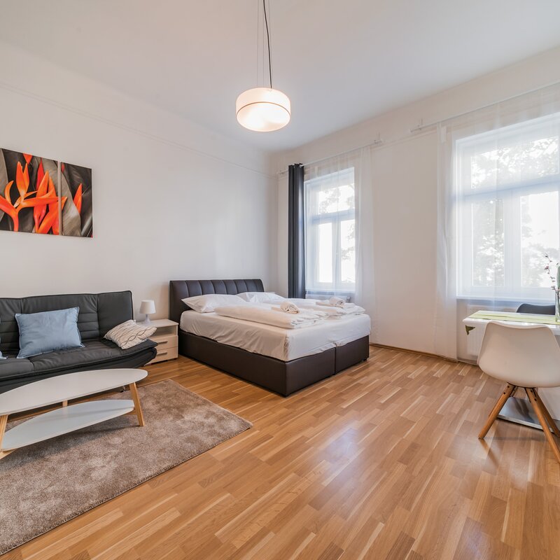 Helles Studio mit Doppelbett, Sofa & Esstisch – Kurzzeitmiete Wien, Wohnen auf Zeit für 1 bis 6 Monate.