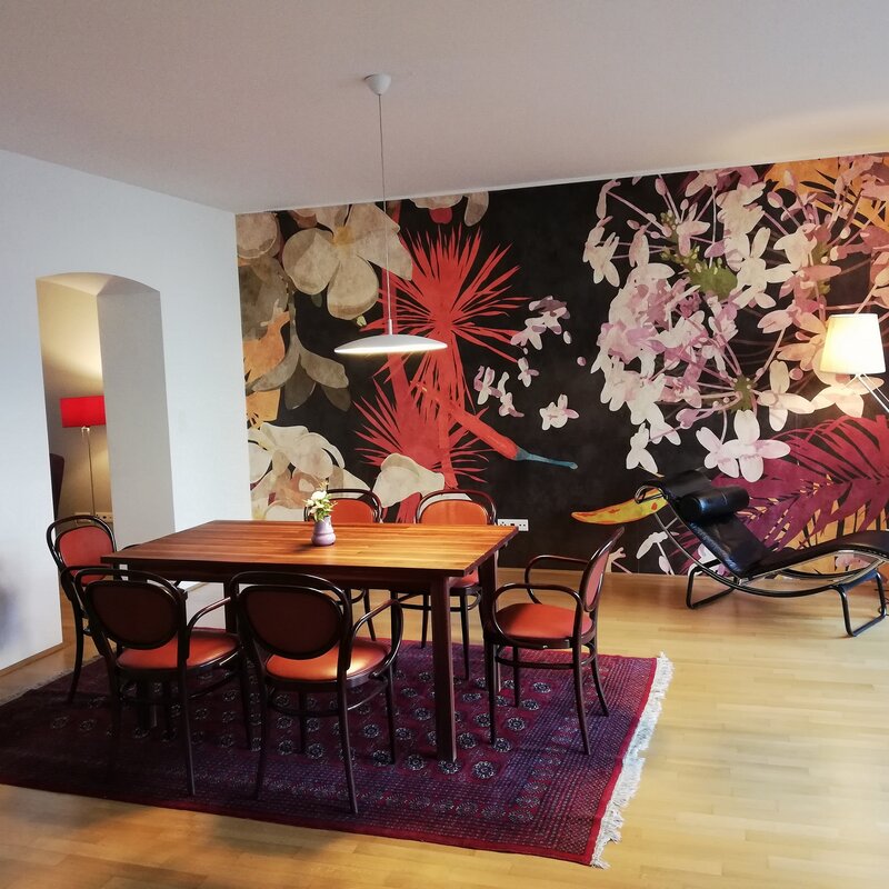 Dining area with view towards terrace