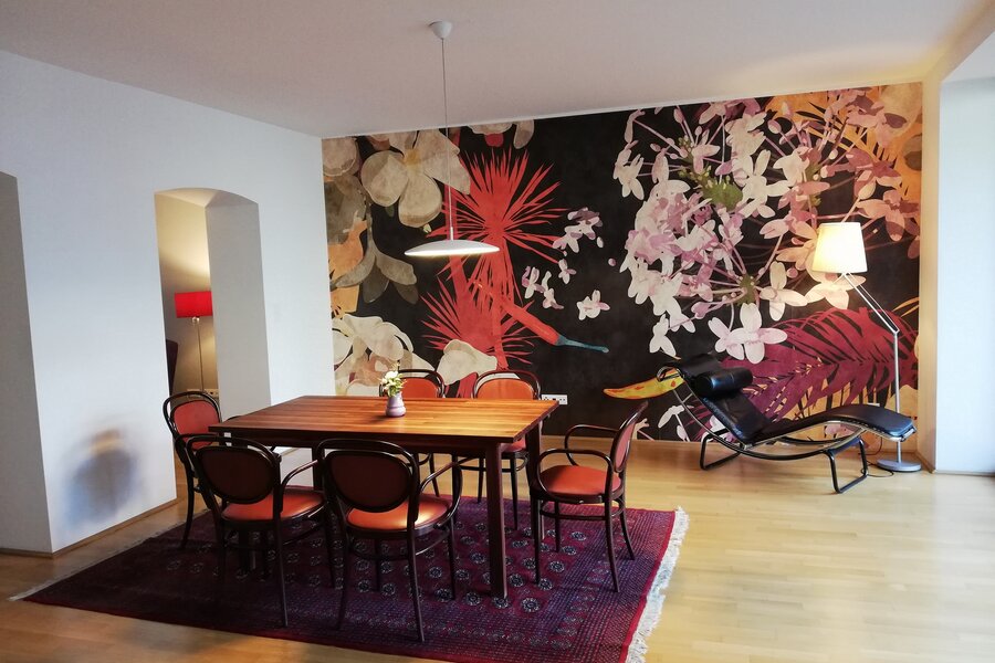 Dining area with view towards terrace