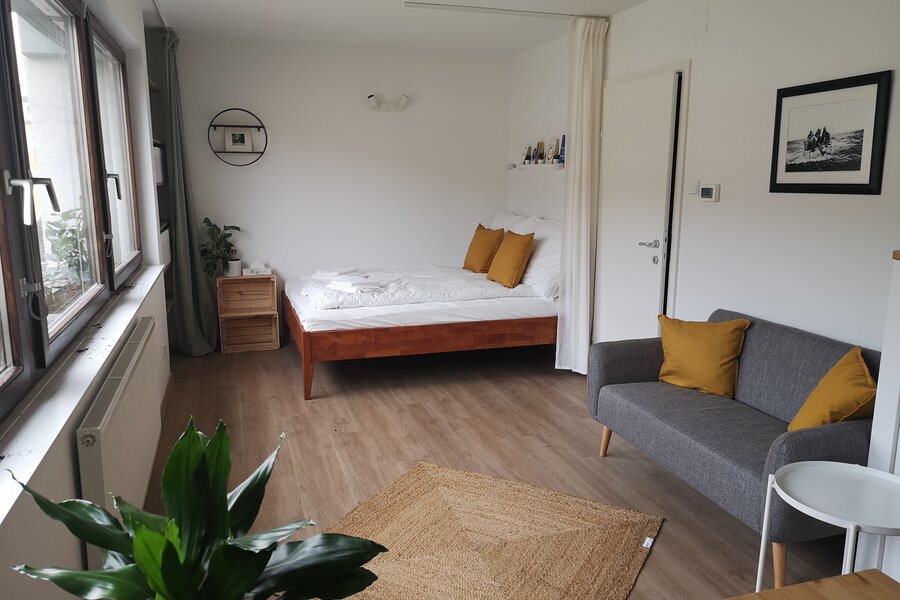 Smartly furnished it offers everything you need to feel at home. A cosy sleeping area, a nordic couch and big windows allowing a lot of light coming in. 