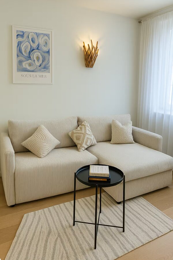 Helles Wohnzimmer mit Designercouch & Wandkunst – 1-Zimmer Apartment zur Kurzzeitmiete & Wohnen auf Zeit für 1 bis 6 Monate in Wien