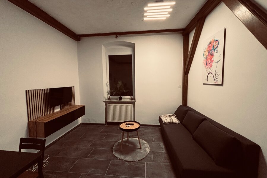 Wohnzimmer mit Couch & TV – 2-Zimmer-Wohnung zur Kurzzeitmiete & Wohnen auf Zeit für 1 bis 6 Monate in Linz