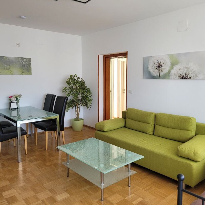 Bright living & dining area, glass table & green sofa – 3-room apartment, short-term rental Graz, temporary housing 1 to 6 months