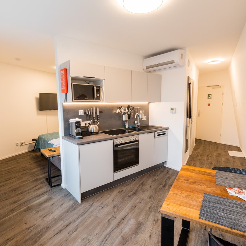 Modern studio with open kitchen & dining area – fully furnished short-term rental, temporary housing for 1 to 6 months in Vienna