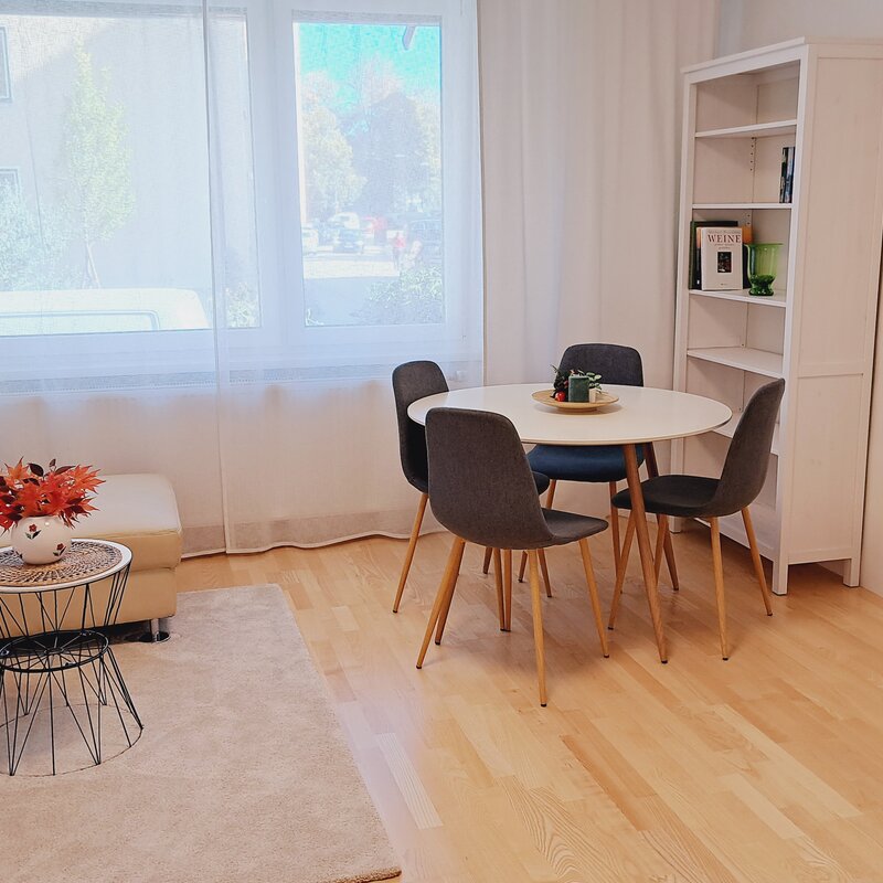 Sunlit living room – 2-room apartment, temporary housing, short-term rental Salzburg, 1 to 6 months
