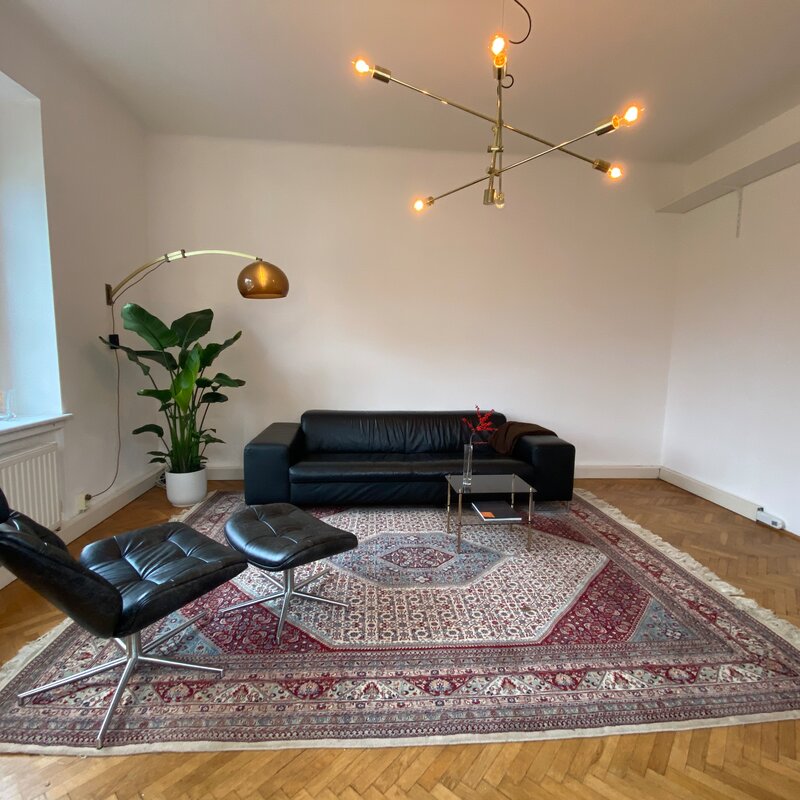 Helles Wohnzimmer mit Ledersofa & Orientteppich – 3-Zimmer Wohnung, Kurzzeitmiete Wien, Wohnen auf Zeit für 1 bis 6 Monate