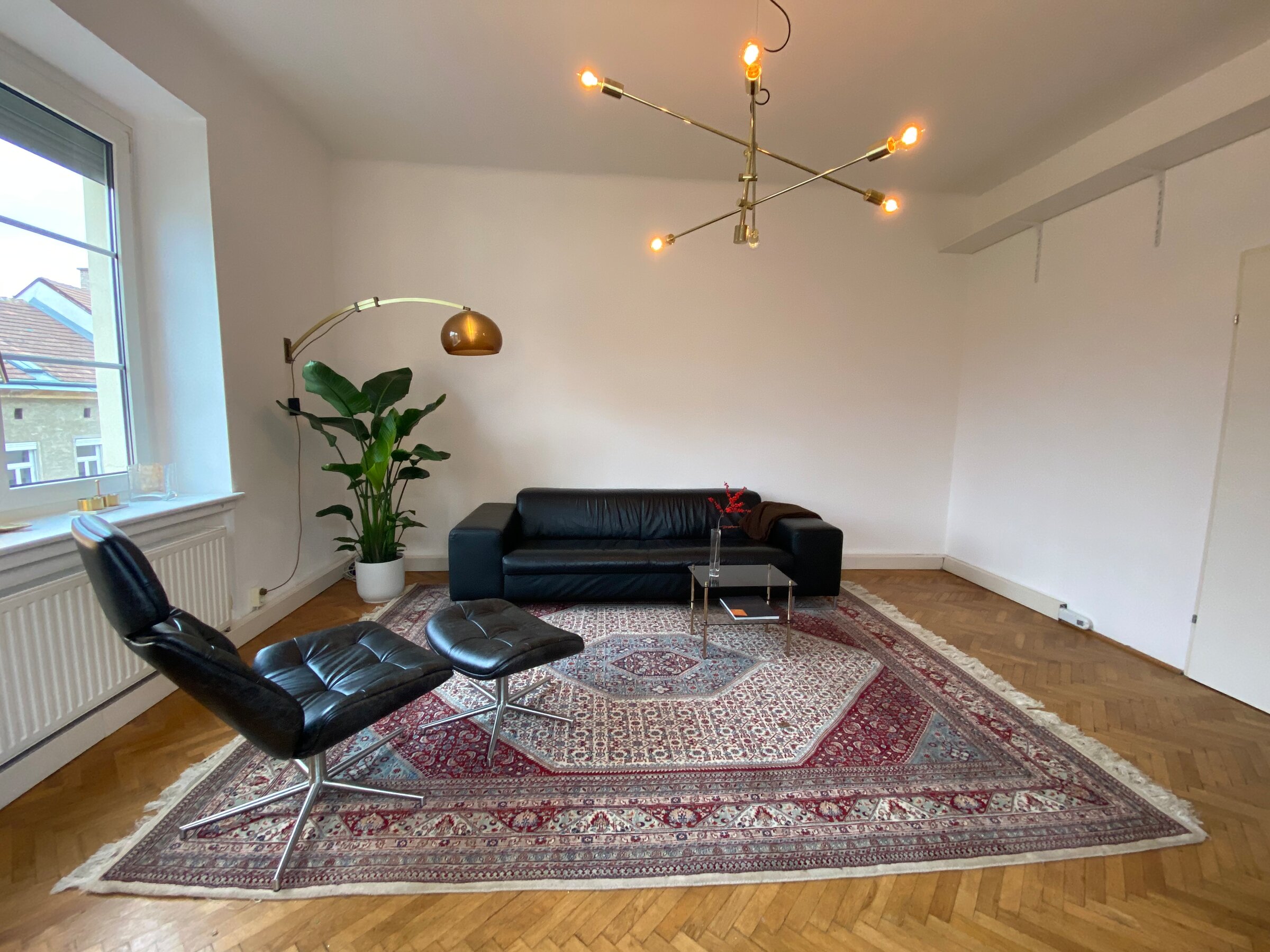 Helles Wohnzimmer mit Ledersofa & Orientteppich – 3-Zimmer Wohnung, Kurzzeitmiete Wien, Wohnen auf Zeit für 1 bis 6 Monate