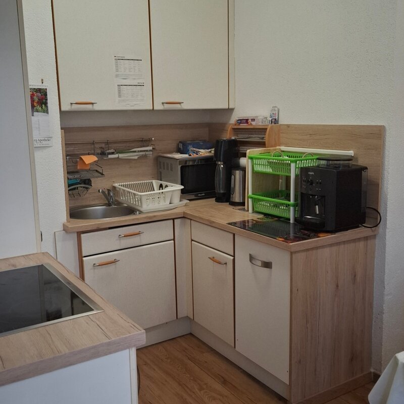 Kitchen with all possible amenities, dishwasher, microwave, oven, toaster, glasses...