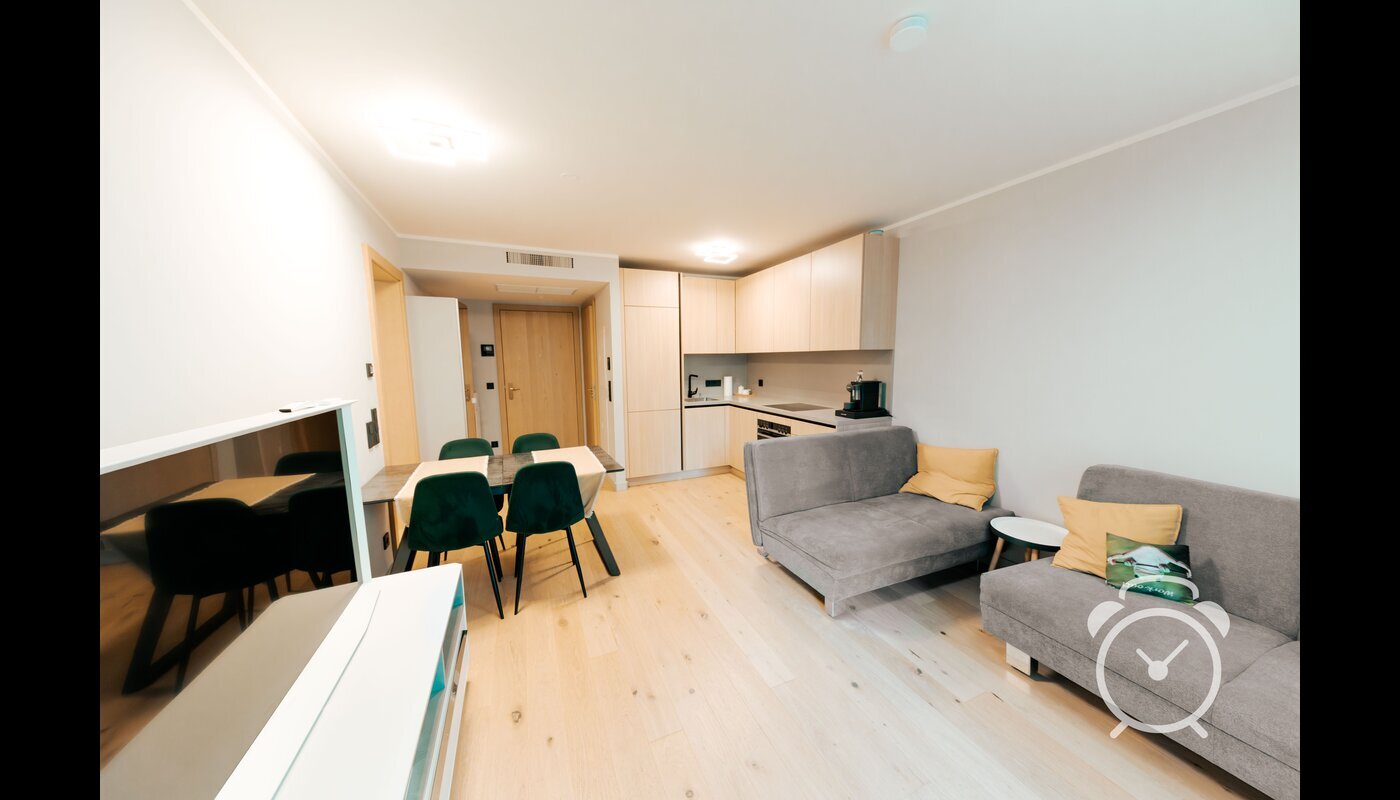 Bright living & dining area with modern kitchen – 2-room apartment for short-term rental & temporary housing for 1 to 6 months in Vienna