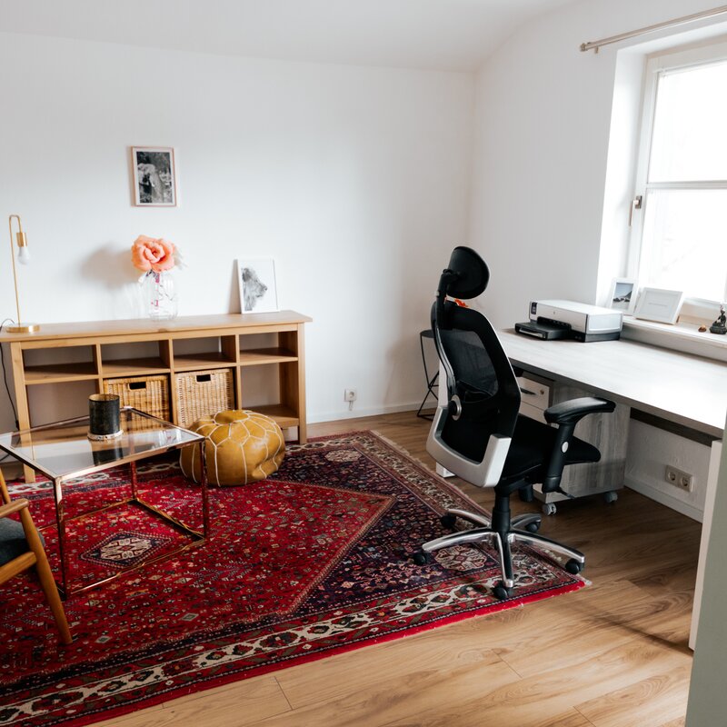 workspace with chill area and access to balcony with Mountain View