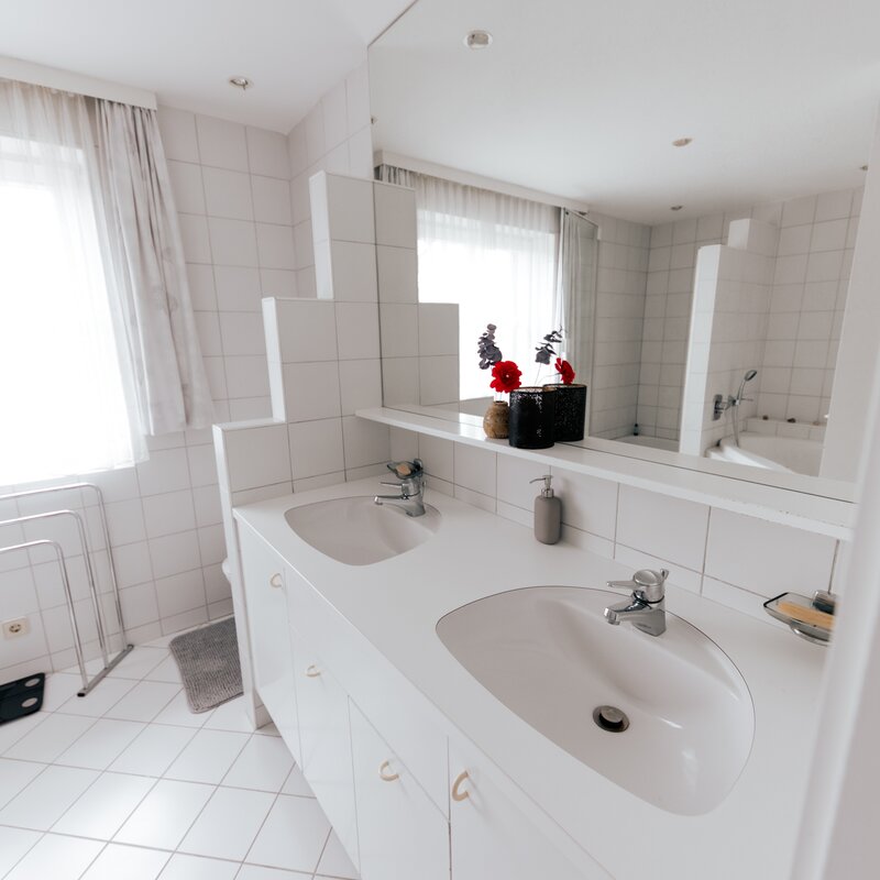 big bathroom with two sinks, big mirror, bathtub, shower and toilette