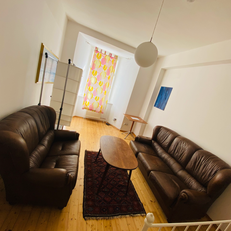 Helles Wohnzimmer mit Ledersofa: 2-Zimmer-Wohnung zur Kurzzeitmiete & Wohnen auf Zeit für 1 bis 6 Monate in Graz
