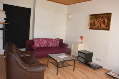 Wohnzimmer mit Sofa & Ledercouch – 1-Zimmer Wohnung, Kurzzeitmiete & Wohnen auf Zeit für 1 bis 6 Monate in Graz