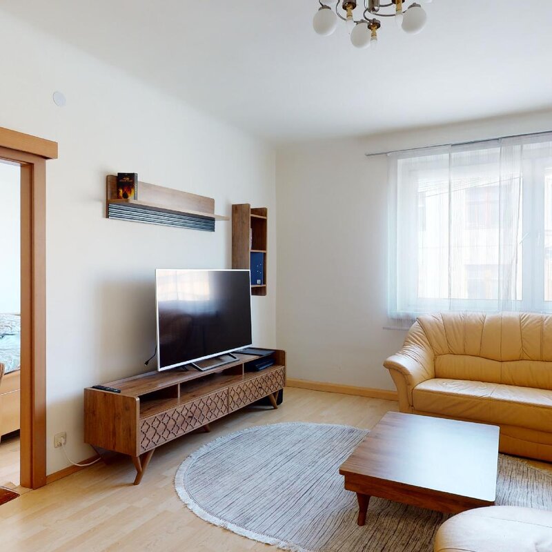 Bright living room with leather couch & TV – 3-room apartment, short-term rental, temporary housing 1 to 6 months, Vienna