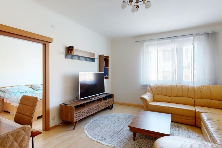 Bright living room with leather couch & TV – 3-room apartment, short-term rental, temporary housing 1 to 6 months, Vienna