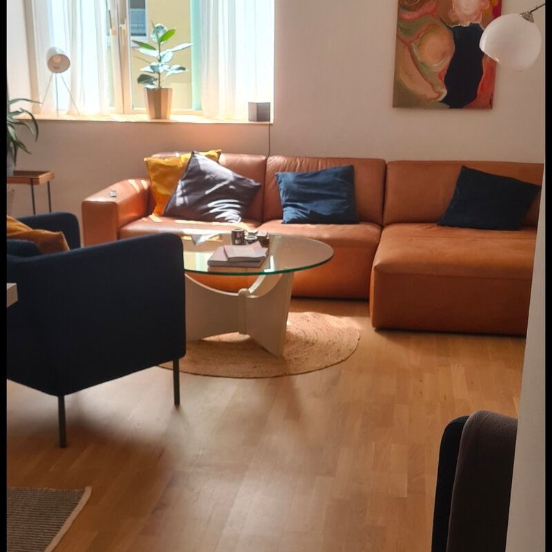 Bright living room with leather sofa & art wall – 2-room apartment, short-term rental, temporary housing 1 to 6 months, Vienna