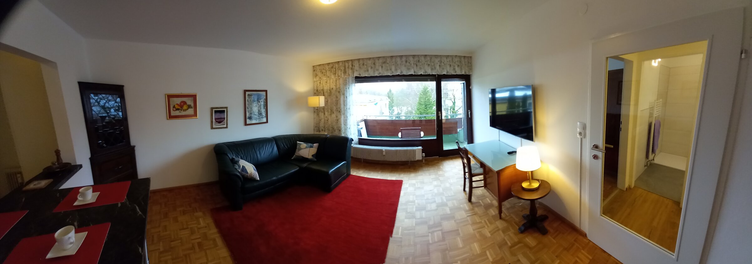 Living room with couch, desk and TV