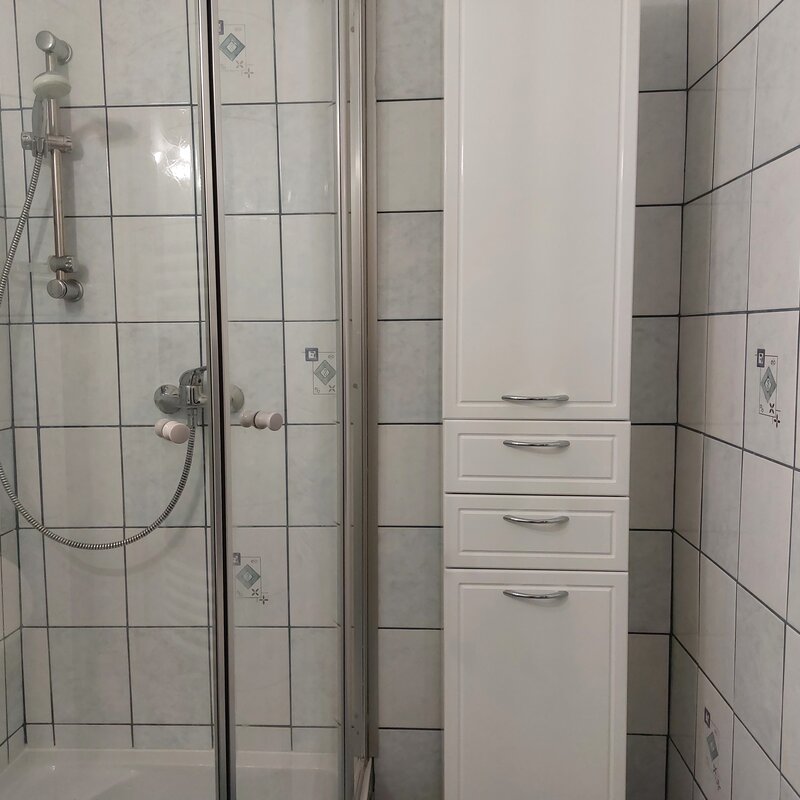 Bathroom with shower and cabinet