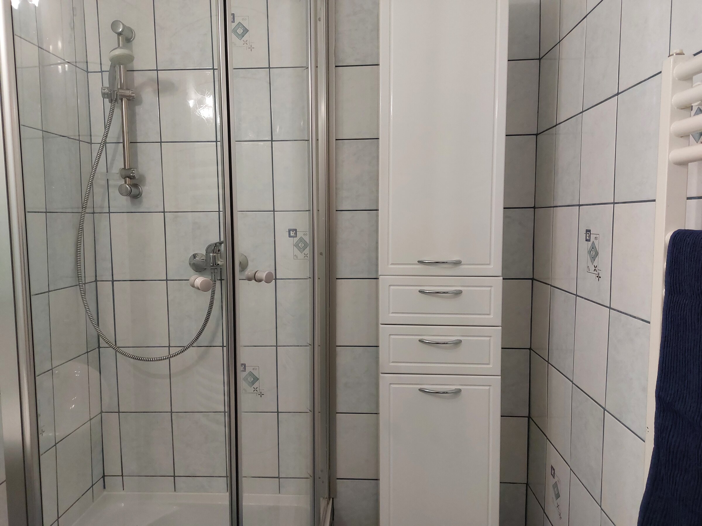 Bathroom with shower and cabinet