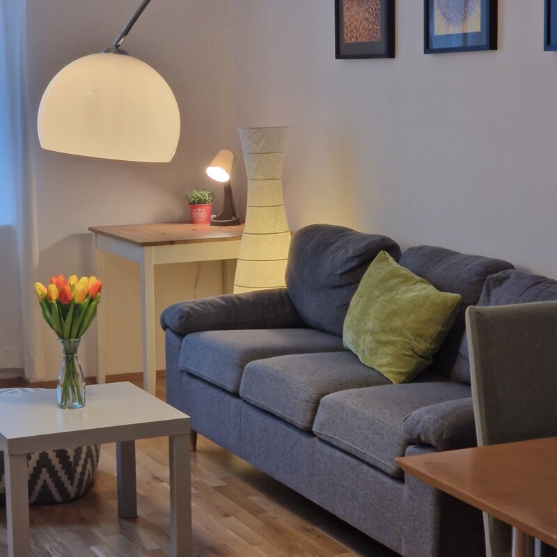 living room with separate working desk