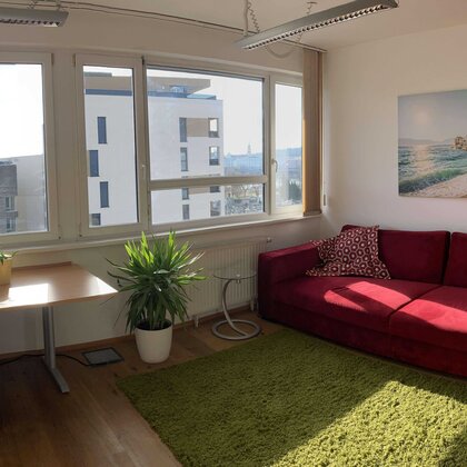 Helles Wohnzimmer mit Arbeitsbereich, rotem Sofa & Grünpflanze – 1-Zimmer Wohnung, Kurzzeitmiete Linz, Wohnen auf Zeit 1 bis 6 Monate.