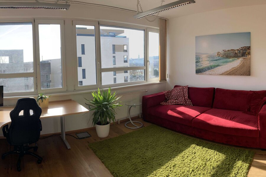Helles Wohnzimmer mit Arbeitsbereich, rotem Sofa & Grünpflanze – 1-Zimmer Wohnung, Kurzzeitmiete Linz, Wohnen auf Zeit 1 bis 6 Monate.