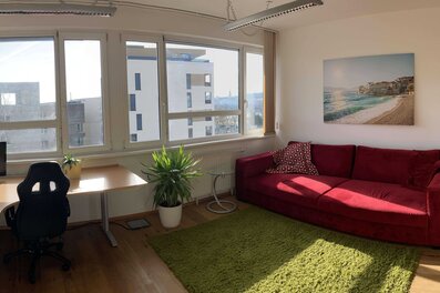 Helles Wohnzimmer mit Arbeitsbereich, rotem Sofa & Grünpflanze – 1-Zimmer Wohnung, Kurzzeitmiete Linz, Wohnen auf Zeit 1 bis 6 Monate.