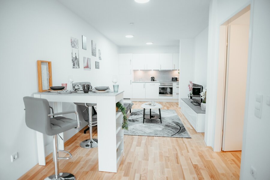 Living room with a comfortable pull-out sofa, coffee table, elegant rug, flat-screen TV, and bar table, also the fully equipped kitchen is visible. | © All rights reserved