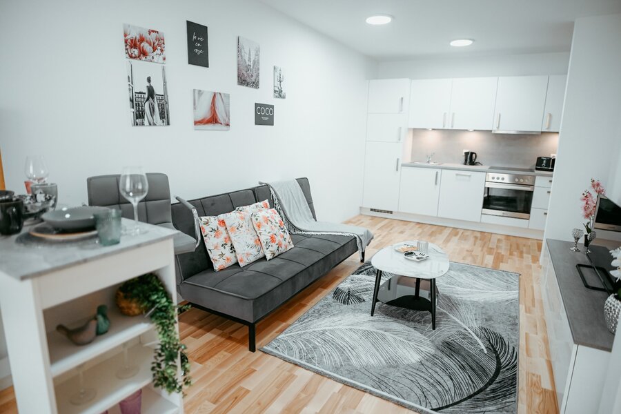 Living room with a comfortable pull-out sofa, coffee table, elegant rug, flat-screen TV, and bar table | © All rights reserved